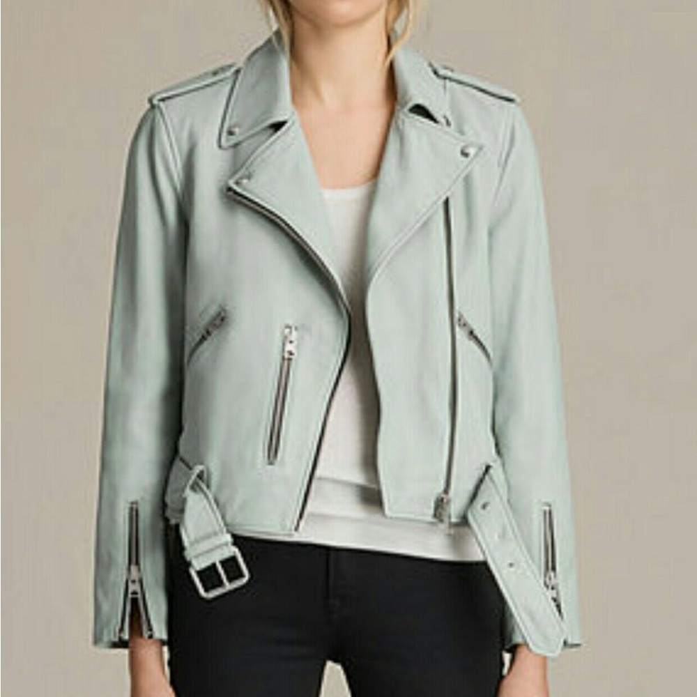 New ALLSAINTS Plait Balfern Suede Leather Biker Jacket in Luna Blue Size: US 0